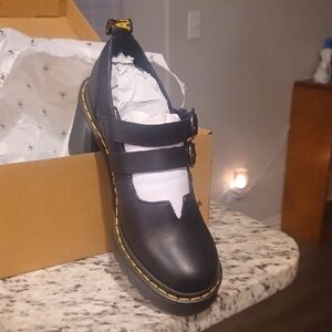 Dr. Martens EVIE Black Leather Mary Jane Shoes with Yellow Stitching